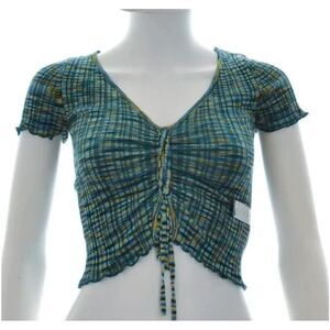 Arizona Jean Co Ruched Front V-Neck Ribbed Top Juniors Large‎ Crop Fitted Blue